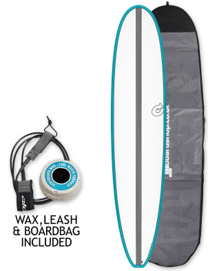 Torq Longboard Surfboard 8ft 0 package - White/Teal/Carbon Stripe