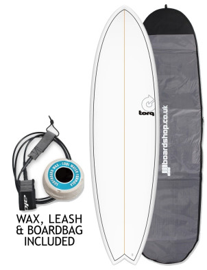 Torq Mod Fish surfboard 6ft 3 Package - White/Pinline