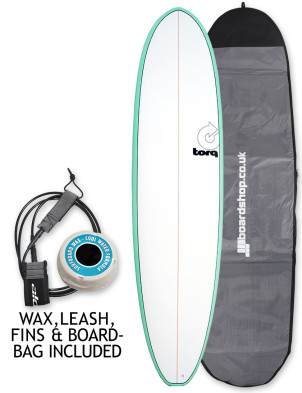 Torq Mod Fun V+ surfboard 7ft 4 package - Sea Green/White/Pinline