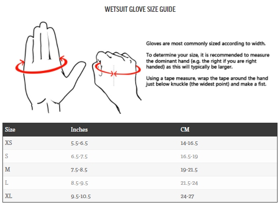 Xcel Wetsuit Glove Size Guide